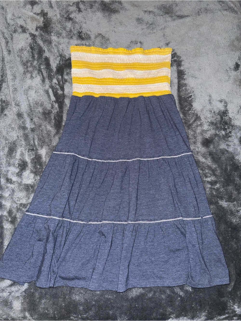 Rewind Strapless Yellow Smocked Bodice with Blue Tiered Maxi Skirt